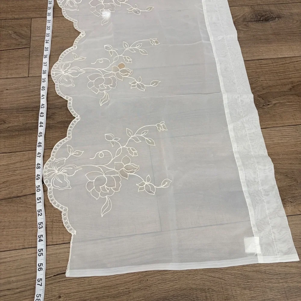 Vintage Window Valance Home 58x18 White Floral Embroidered Scalloped Sheer